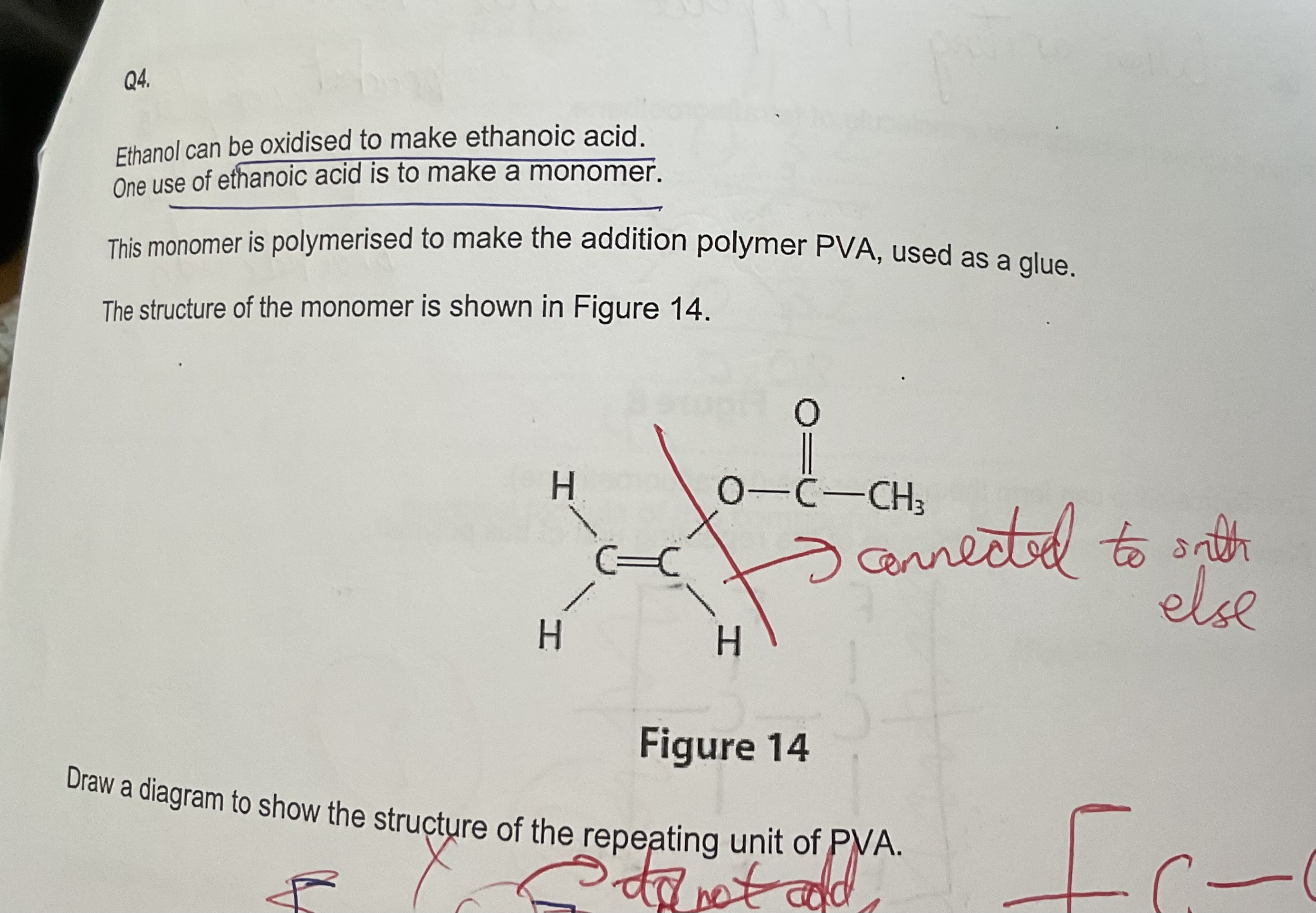 <p>Draw a diagram to show the structure of the repeating unit of PVA.(2)</p>