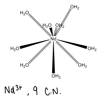 <p>Due to their core-like nature, the M-L interaction is mostly ionic. This means the ligand must be charged.</p><ul><li><p>Lanthanides bind well with oxygen based ligands.</p></li><li><p>The large size of lanthanides means they can have unusually large coordination numbers.</p></li></ul><p></p>