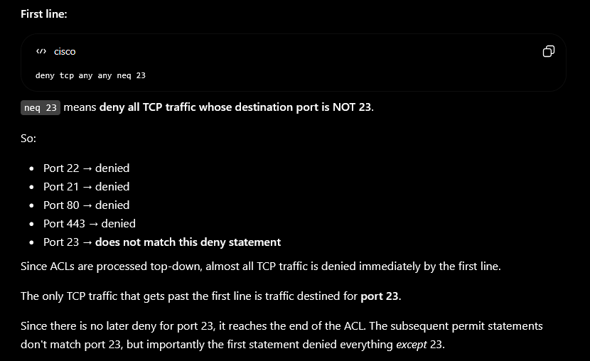 <p><span>Traffic that matches TCP destination port 23 will be permitted.</span></p>