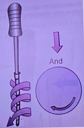 <p></p><p>the term indicates<span style="color: red;"> clockwise or right-hand rotation</span> of an instrument</p><p>twist it to the right then pull<em> (may be risky but its subtle and goes unnoticed until an instrument fractures under the load)</em></p><p>to enlarge the canal and<span style="color: red;"> cut dentin</span>; the rotating cutting edges cut dentin along the circumference, while the flutes collect and carry debris</p><p>divide the canal into <strong>4 sections</strong> → insert the file → rotate slightly to the right (¼–½ turn) → <strong>push</strong> → repeat deeper → insert passively → rotate → <strong>pull out</strong> → repeat</p>