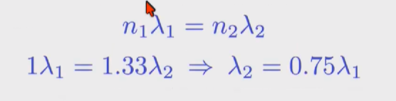 <p>given n1lambda1 = n2lambda 2  → 1lambda 1 = 1.33 lambda 2 then lambda 2 = .75 lambda 1 </p>