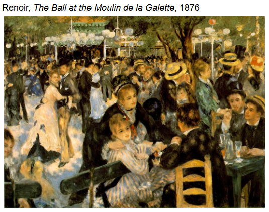 <p><strong>Identification:</strong></p><ul><li><p>Artist: Renoir</p></li><li><p>Title: <em>The Ball at the Moulin de la Galette</em></p></li><li><p>Date: 1876</p></li><li><p>Movement: Impressionism</p></li></ul><p><strong>Themes:</strong></p><ul><li><p>Social life and leisure</p></li><li><p>A sense of joy and relaxation and <span style="background-color: transparent;">reimagining of harmonious mingling</span> after political unrest</p></li><li><p>People enjoying modern urban life</p></li></ul><p></p>