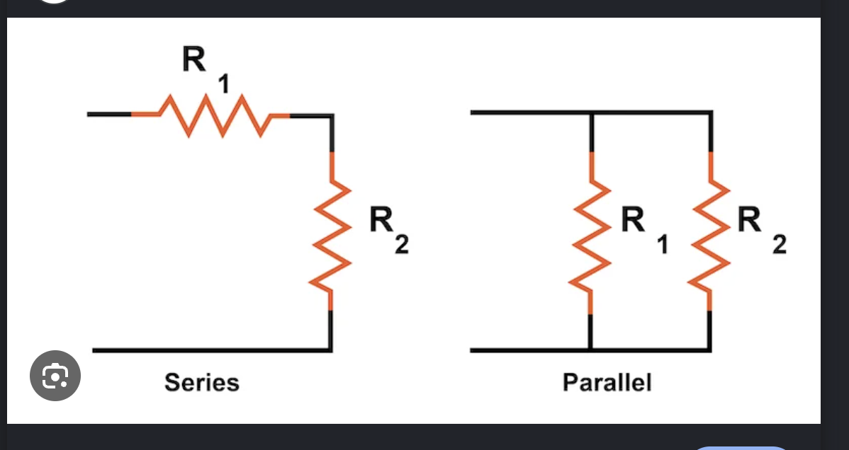 <ul><li><p>Series = R1 + R2 + R3…</p></li><li><p>Parallel</p></li></ul><img src="https://assets.knowt.com/user-attachments/9e94cc52-fd6e-4391-b4a0-6ebe5bb78292.png" data-width="100%" data-align="center"><p></p>