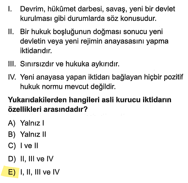 <p>Savaş veya devrim gibi büyük olaylardan sonra hiçbir kurala bağlı kalmadan yepyeni bir anayasa yapan sınırsız güce asli kurucu iktidar denir.</p>