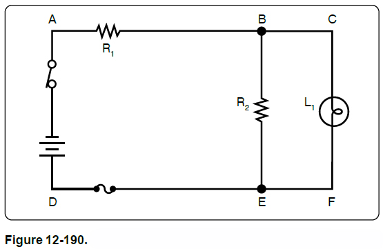 <p>When connecting a voltmeter between points A and D in Fig. 12-190, what is being checked?</p>