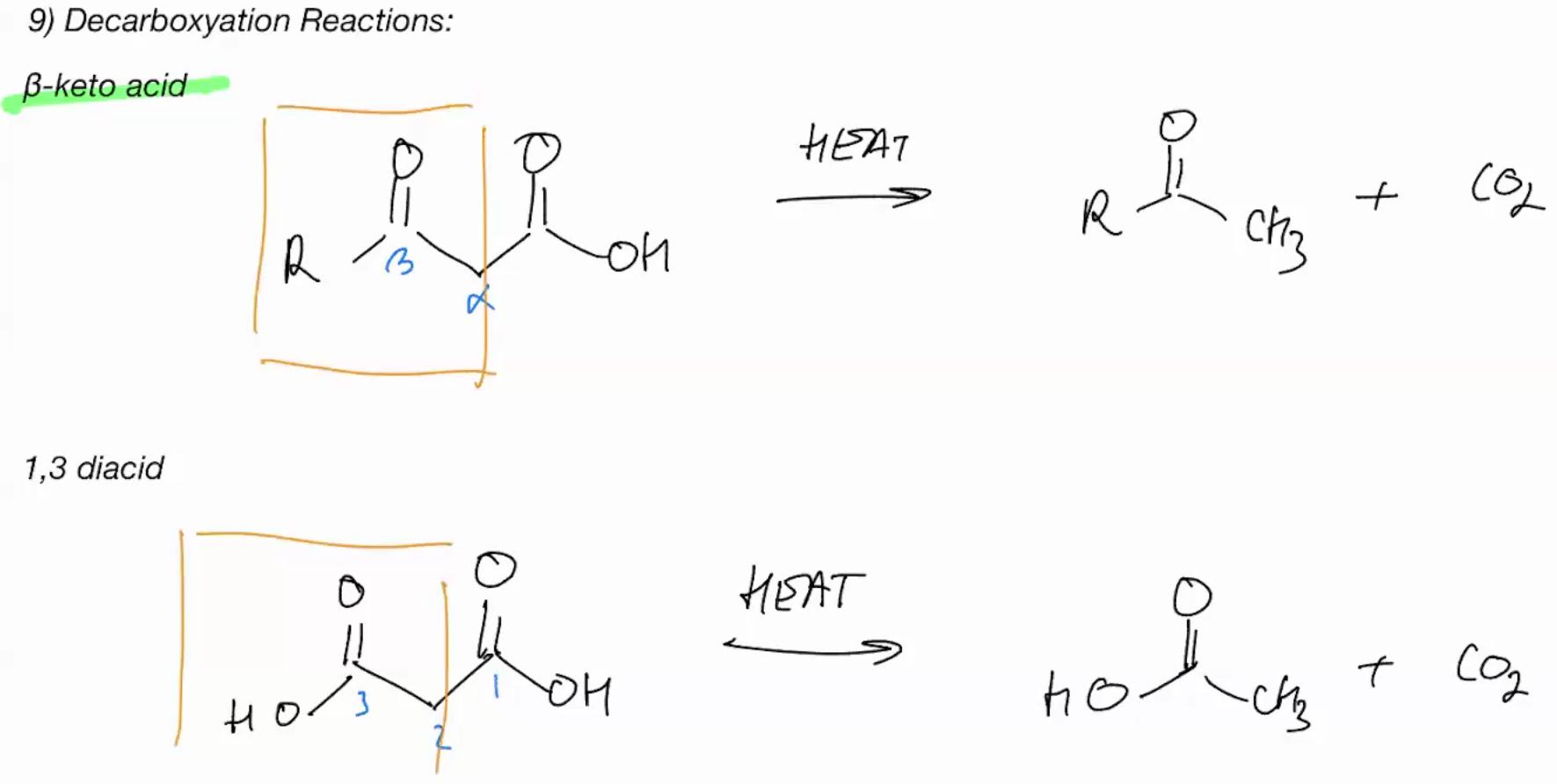 <p>beta keto acid & 1,3 diacid (DECARBOXYLATION)</p>