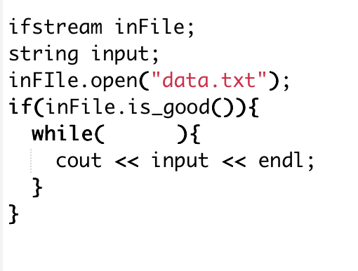 <p>the text file data.txt. contains data delimited by the ‘$’. what should be the test expression (condition) inside the while loop in the code segment below in order to read from the file</p>