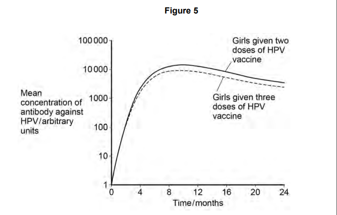 <p>Doctors investigated whether it was better to give two or three doses of the HPV vaccine. They determined the mean concentration of antibody against HPV in blood samples from girls who were given either two or three doses of the vaccine.</p><p>• Girls given two doses received an initial vaccination, followed by a second at 6 months.</p><p>• Girls given three doses received an initial vaccination, followed by a second at 1 month and a third at 6 months.</p><p>The doctors measured the concentration of antibody each month. The results are shown in <strong>Figure 5</strong>.</p><p>What do these results suggest about whether it is better to give two or three doses of the vaccine? Give reasons for your answer. (2)</p>
