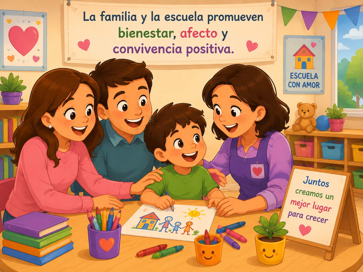 <p>La familia y la escuela promueven bienestar, afecto y convivencia positiva.</p>