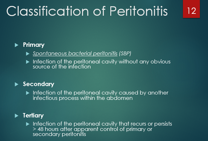 <p><span style="color: red;"><strong>Primary</strong></span> - (spontaneous) = infection w/o any clear source of the infection</p><p><span style="color: red;"><strong>Secondary</strong></span> - infection of peritoneal cavity caused by another infection within the abdomen</p><p><span style="color: red;"><strong>Tertiary</strong></span> - persistent or recurring infection after tx of primary or secondary that happens >48h after it seemed controlled</p><p></p>