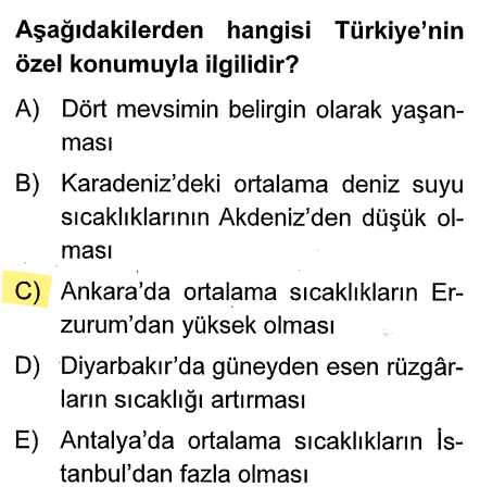 <p>Ankara ve Erzurum yaklaşık olarak benzer enlemlerde sayılabilir. Eğer Erzurum daha soğuksa bu enlemle (mutlak konumla) açıklanamaz; çünkü Erzurum daha <strong>yüksek</strong> ve daha <strong>karasaldır</strong>. Yükselti ve karasallık "Özel Konum"dur.</p>