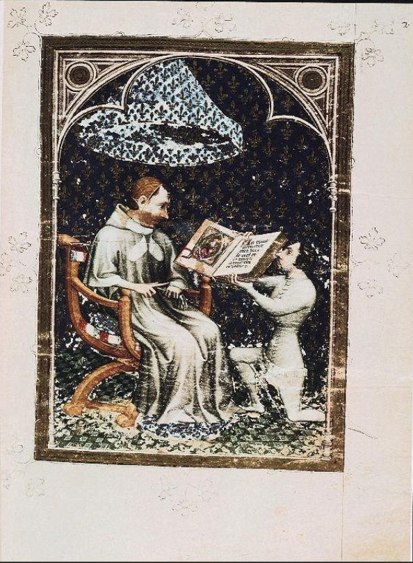 <p>Jean Bondol, presentation of a Bible to Charles V by Jean de Vaudetar, Hauge Bible, 1371</p>