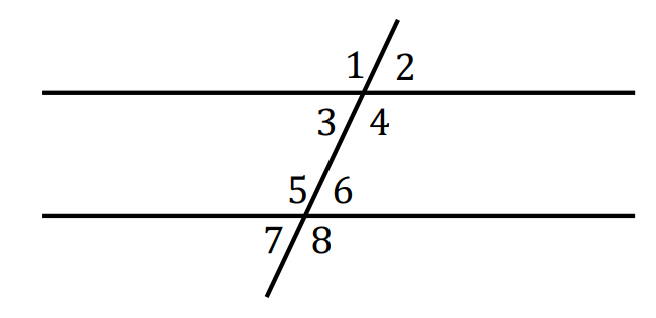 <p>Given the two horizontal lines are parallel, what angles (the numbers) are equal?</p>