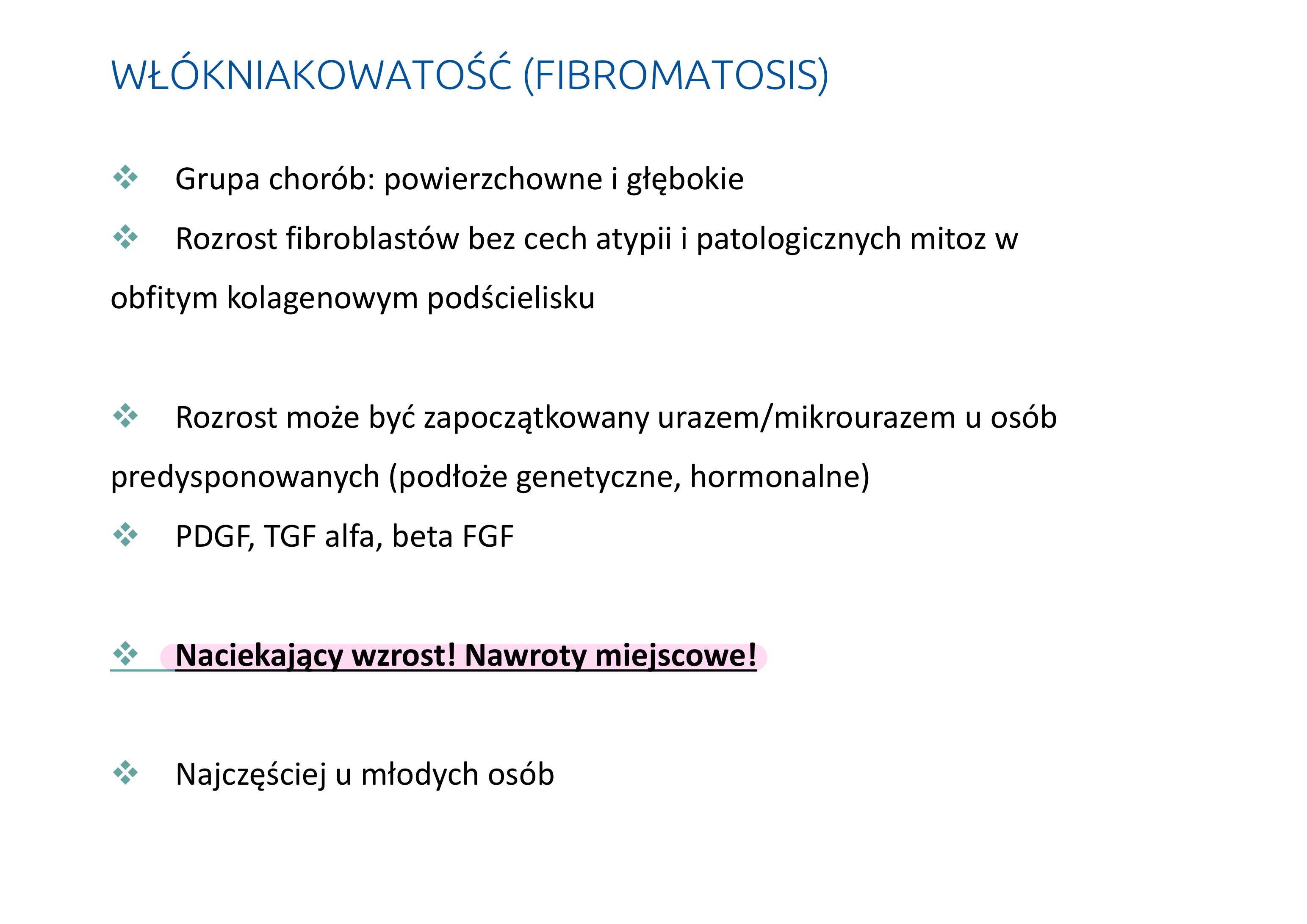 <p>MORFOLOGIA</p><ul><li><p>szarobiałe, twarde, źle odgraniczone i naciekające zmiany</p></li><li><p>komórki wrzecionowate o niewielkim polimorfizmie jąder</p></li><li><p>ułożone w szerokie pęczki, które wnikają w okoliczne tkanki</p></li><li><p>pojedyncze mitozy</p></li><li><p>cechy fibroblastów lub miofibroblastów</p></li><li><p>niektóre zmiany znaczna komórkowośc (zwłaszcza początkowa faza)</p></li><li><p>inne duże ilości gęstego kolagenu, a całość przypomina bliznę</p></li></ul><p></p>