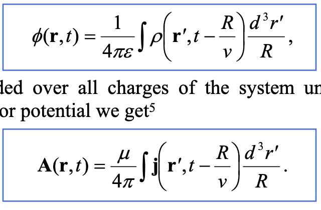 <p><strong>R</strong> = <strong>r</strong> - <strong>r</strong>’</p><p>v is the <strong>phase speed</strong> of the electromagnetic wave in the medium</p>
