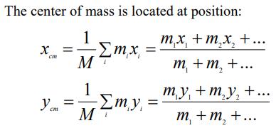 <p>M = total mass</p><p>m<sub>1</sub>, m<sub>2,</sub> m<sub>3</sub>… = each chunk has its own mass</p><p>x<sub>1</sub>, x<sub>2</sub>, x<sub>3</sub> = each chunk has its own x-coord</p><p>y<sub>1</sub>, y<sub>2</sub>, y<sub>3</sub> = each chunk has its own y-coord</p><p>the center of mass is the mass-weighted center of objec</p>