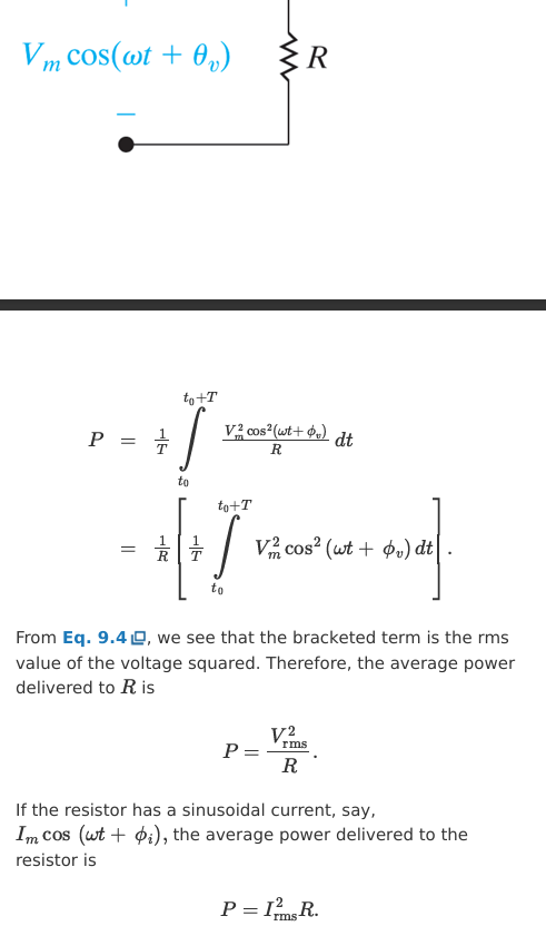 <ul><li><p>P = avg power, thus P = power through resistor over time</p></li><li><p>P = V²rms / R</p></li><li><p>P = I²rms * R</p></li></ul><p></p>