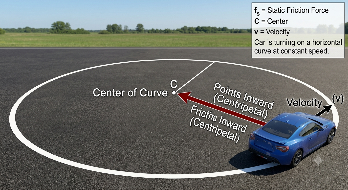<p>perpendicular to the curve inward <strong>(to keep the car moving in a circle).</strong></p>