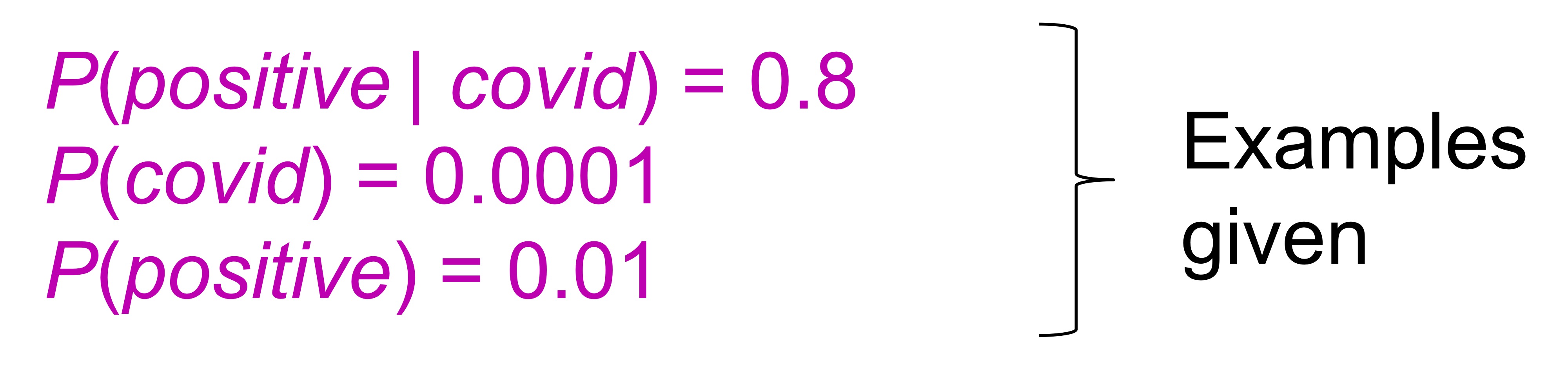 <p>Example of medical diagnostic:</p><ul><li><p>Disease = Covid or not Covid , Test = Positive or Negative</p></li><li><p>Solve P(Covid|Positive)</p></li><li><p>Why do we still need to get the test even though it is negative ?</p></li></ul><p></p>