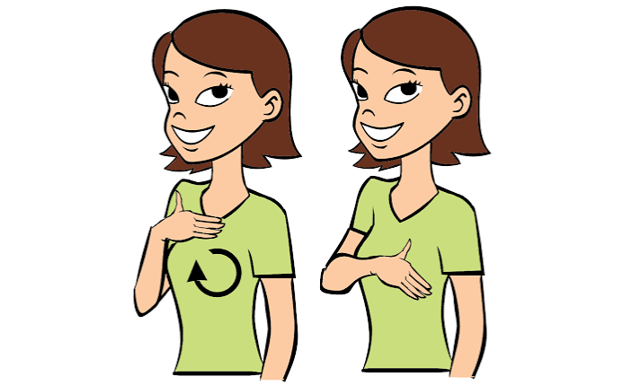 <p>Palm or fist facing you, wave in circle around belly. </p>