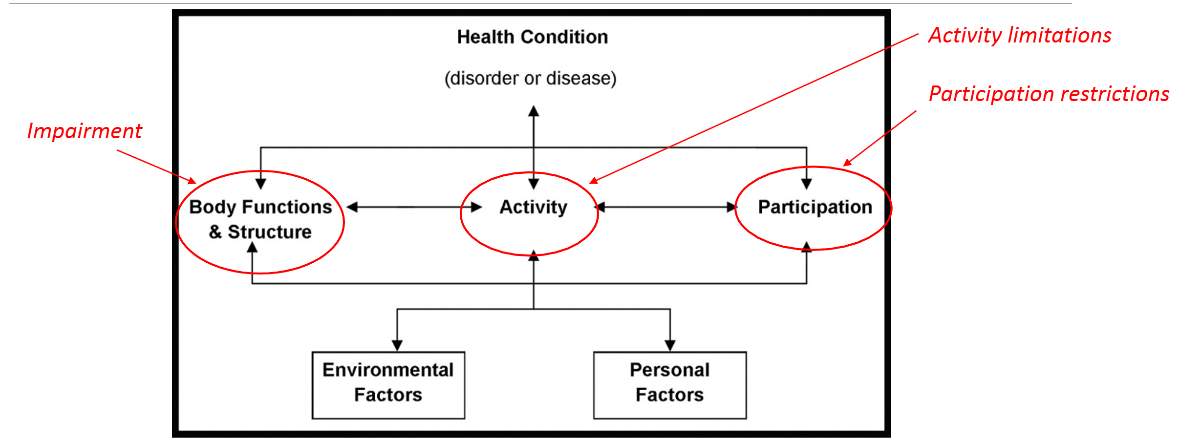 <p>A WHO framework used for describing and measuring health and disability. This focuses on the holistic relationship between how someone's health condition and/or environmental and personal factors that impact body function and structures, activity, and participation and likewise.</p>