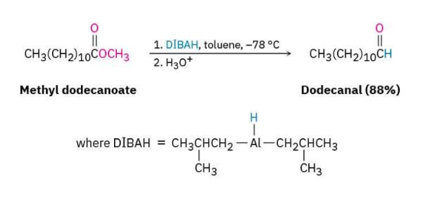 <p><span style="color: red;"><strong>Starting Material:</strong></span> Ester</p><p><span style="color: blue;"><strong>Reagents:</strong></span> </p><ol><li><p>DIBAL-H (reducing agent), Toluene (solvent)</p></li><li><p>H<sub>3</sub>O<sup>+</sup> (acid-workup step)</p></li></ol><p><span style="color: green;"><strong>Conditions:</strong></span> -78°C (dry-ice temperature)</p><p><span style="color: purple;"><strong>Product:</strong></span> Aldehyde</p>