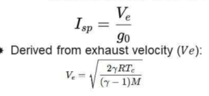<p><strong>Calculation of Specific Impulse</strong></p><p><strong>Specific Impulse is:</strong></p><ul><li><p>Derived from _________</p></li><li><p>Directly dependent on </p><ul><li><p>____________</p></li><li><p>____________ </p></li></ul></li><li><p><strong>To Increase Isp:</strong></p><ul><li><p>________ → _________ → Higher Ve</p></li><li><p>Lower ________ (e.g hydrogen over kerosene) → Higher Ve</p></li></ul></li></ul><p></p>