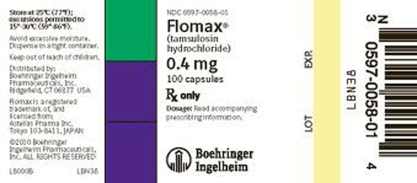 <p>Generic Name: Tamsulosin</p><p>Therapeutic Class: Alpha-1 blocker</p><p>Indication: benign prostatic hyperplasia</p>