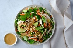 <p>Organic hand-pulled chicken breast, or spicy bbq tofu, marinated glass noodles, shaved kale slaw, cucumbers, sweet carrots, fresh cilantro and mint, crispy rice and turmeric cashew blend, and a side of miso honey vinaigrette.</p><p>Protein Options: Hand-Pulled Organic Chicken, BBQ Tofu, No Protein</p><p>Add-On Extras: Chicken ($3.95), BBQ Tofu ($3.95), 7 minute Egg ($2.00)</p><p>Dressing options: Miso Honey Vinaigrette, Cashew Vinaigrette, Carrot Ginger Vinaigrette, Apple Cider Vinaigrette. Extra dressing $1.95</p><p>Modifications: • No Mint and Cilantro • No Crispy Rice and Turmeric Cashew Blend • No Marinated Glass Noodles</p><p>Allergens: Tree nuts, Soy, Sesame</p>