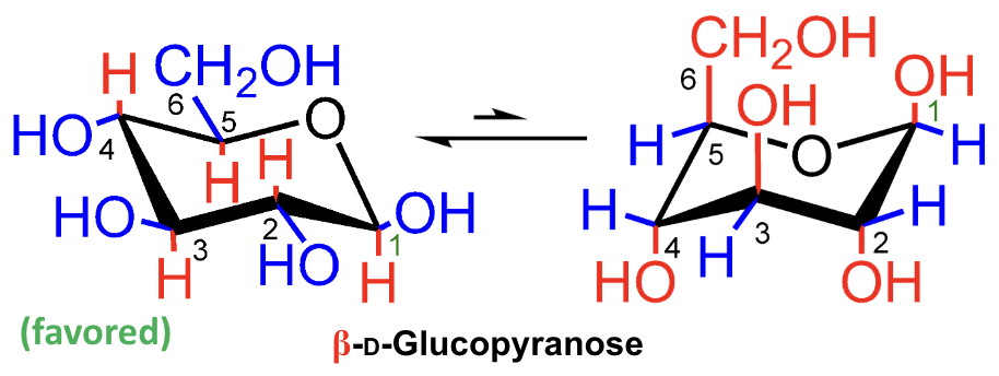 <p>Which chair form of D-glucopyranose is favored?</p>