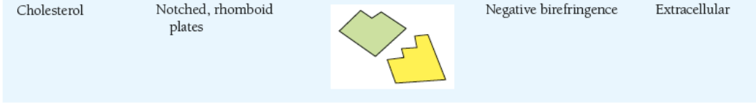 <p><strong><u>Characteristics of </u></strong><span style="color: yellow;"><strong><u>Synovial Fluid Crystals</u></strong></span></p><ul><li><p>Usually seen in <span style="color: yellow;">cytoplasm</span></p></li><li><p><span style="color: rgb(255, 255, 255);"><strong><u>Shape</u></strong>:</span><span style="color: yellow;"> Needles</span></p></li><li><p><span style="color: rgb(255, 255, 255);"><strong><u>Compensated Polarized light</u></strong>: </span><span style="color: red;">(-)</span><span style="color: rgb(255, 255, 255);"> </span><span style="color: yellow;">Bifringence </span></p></li><li><p><span style="color: rgb(255, 255, 255);"><strong><u>Significance</u></strong>: </span><span style="color: yellow;">Gout</span></p></li></ul><p></p><p><em>Attached photo are just other types lang</em></p>