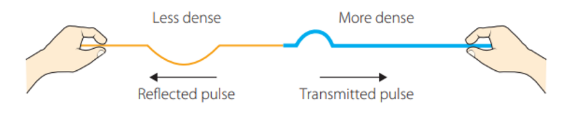 <p>It is reflected underneath the axis, whilst a secondary smaller wave continues along the more dense medium</p>