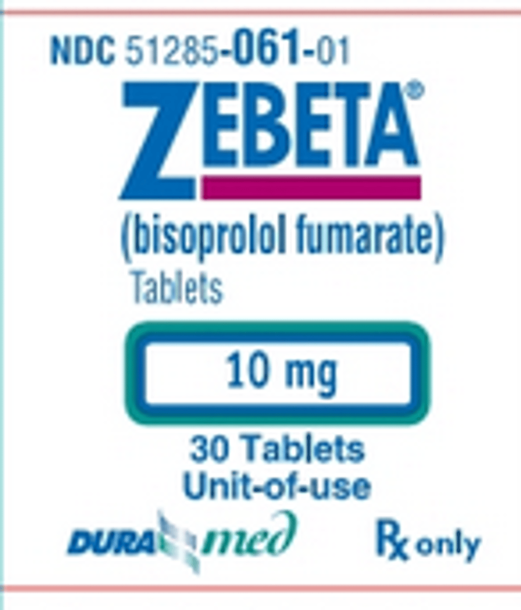 <p>Generic Name: Bisoprolol</p><p>Therapeutic Class: Beta1 receptor antagonist (selective)</p><p>Indication: Hypertension, angina</p>