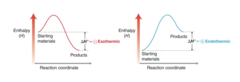 <p>Endothermic reactions: the products are above the reactants and △ H > 0 and is positive</p><p>Exothermic reactions: the products are below the reactants and the △ H < 0 and is negative</p>