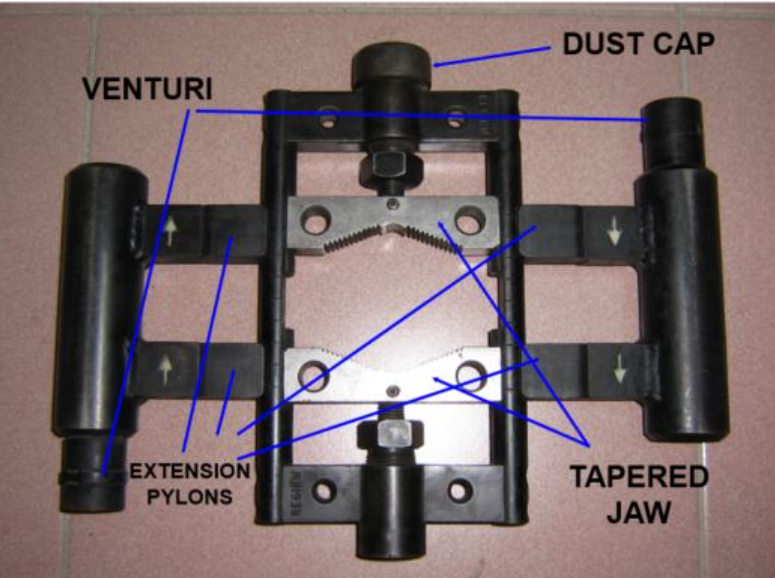 <ul><li><p>Venturi: Where jet shoots out from, causing rocket wrench to spin</p></li><li><p>Jaws: Tapered jaws for cylindrical fuzes. Roller jaws for conical fuzes.</p></li><li><p>Breech plug: Electric and Non-electric.</p></li></ul><p></p>