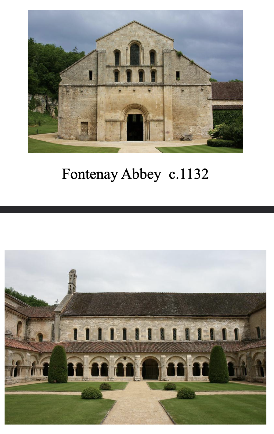 <ul><li><p>short, low to the ground structures</p></li><li><p>thicker columns and heavier masonry</p></li><li><p>simple decor; not many frescos or paintings mostly just reliefs</p></li><li><p>muted colors</p></li><li><p>blin and rounded arches</p></li><li><p>not centralized, more longitudinal basilica plan</p></li><li><p>notable buildings: Pisa, fontenay abbey  </p><img src="https://assets.knowt.com/user-attachments/1e624dce-5aed-4d59-8384-d1e6df8efae2.png" data-width="50%" data-align="center" style="display: block; width: 50%; margin-left: auto; margin-right: auto;"><p></p></li></ul><p></p>