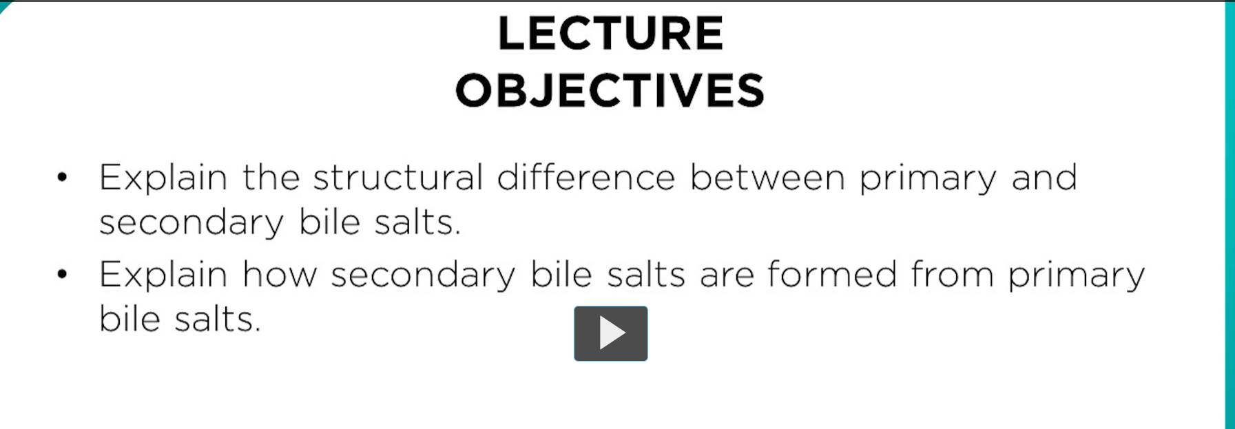 <p>we will contrast primary verses secondary bile salts. </p><p>Primary bile salts are synthesized by the liver from cholesterol, secondary bile salts are formed from the action of intestinal bacteria on primary bile salts. </p><p>the fate of primary bile salts and secondary bile salts involves dynamic interplay between absorption and excretion. </p><p>lastly, we will explore steroid biosynthesis, a tightly regulated process involving multiple enzymes and intermediate molecules.</p><p>steroids regulate various physiological processes, including metabolism, reproduction, immune function and stress response</p>