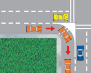 <p>right turn onto road with dedicated lane </p>