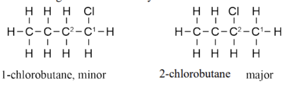 <p>Whiteboard Answer </p><p class="">This is an <strong>addition reaction</strong> because the C=C double bond is broken to leave a single bond where the H and Cl from HCl can bond onto each carbon from the original double bond.</p><p> </p><p><strong>The major product</strong> forms when the H from the HCl is added to the carbon in the C=C with the most H's bonded to it originally. In this case, the H will be bonded to <strong>C₁</strong>. The Cl will bond to <strong>C₂</strong>, forming <strong>2-chlorobutane</strong>.</p><p> </p><p><strong>The minor product</strong> forms when the H from HCl is added to the carbon in the C=C with the least H's. In this case <strong>C₂</strong>. The Cl is added to <strong>C₁</strong>, forming <strong>1-chlorobutane</strong>.</p><p> </p><div data-type="horizontalRule"><hr></div><p> Marking Schedule / Model Answer </p><p>In this <strong>addition reaction</strong> the C=C double bond breaks open and a single bond forms in its place. This leaves one more bonding space around each of the carbon atoms involved in the original double bond, in this case <strong>C₁</strong> and <strong>C₂</strong>. The reagent, <strong>HCl</strong>, is added across the double bond, with one carbon forming a bond with the H atom and the other forming a bond with the Cl atom. There are two products formed, as this new bonding can happen two ways round.</p><p> </p><p><strong>Products:</strong></p><p> </p><ul><li><p><strong>1-chlorobutane</strong> – minor product</p></li><li><p><strong>2-chlorobutane</strong> – major product</p></li></ul><p> </p><p>According to <strong>Markovnikov's rule</strong>, the major product will form when the carbon in the double bond that originally had the <strong>most hydrogen atoms</strong> bonded to it gains the H atom during the addition reaction; in this case <strong>C₁</strong>. Hence the major product is <strong>2-chlorobutane</strong>, as the Cl atom then joins <strong>C₂</strong>. When the bonding occurs the other way round, it forms the minor product, <strong>1-chlorobutane</strong>.</p><p></p><p>Achievement Criteria </p><p><strong>Achievement</strong></p><p> </p><ul><li><p>Correct structures for products (major/minor can be incorrectly assigned)</p></li><li><p><strong>OR</strong></p></li><li><p>States there are two ways that HCl can be added.</p></li><li><p>Partial explanation of the addition reaction.</p></li></ul><p> </p><p><strong>Merit</strong></p><p> </p><ul><li><p>Explains major and minor products (but may miss aspects of the explanation).</p></li><li><p>Correct structures.</p></li></ul><p> </p><p><strong>Excellence</strong></p><p> </p><ul><li><p>Explains how to identify the major and minor products, and why they occur, including correct structures.</p></li></ul><p></p>