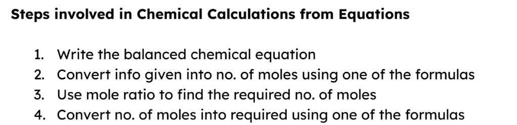 <p>** If the given and required is gas to gas then we can use a shortcut</p><p>Do not need to do mole ratio, so don’t need to find no. of moles</p><p>Just do volume ratio as mole of gas always occupy the same volume </p><p></p>