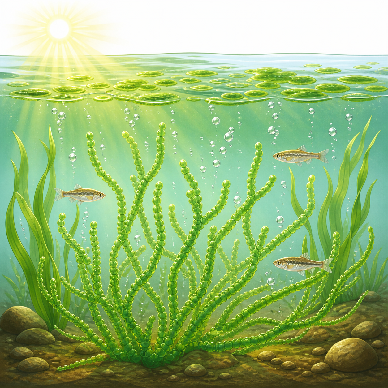 <p>A type of producer that is common in slow-moving water and open-water zones.</p>