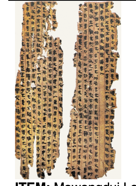 <p>Item: Mawangdui Laozi, Place, Changsha Hu Nan, Time: 168 BCE.</p><p>Explanation: An early manuscript of the Dao De Jing discovered in the Mawangdui tombs in China. It provides important evidence of how Daoist philosophy and texts were transmitted in ancient China.</p>
