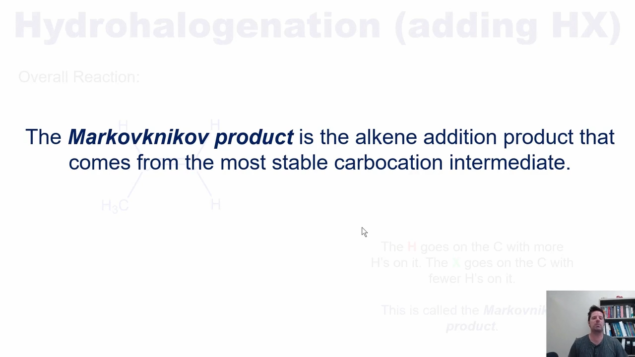 <p>Alkene addition product that comes from the most stable carbocation intermediate </p>