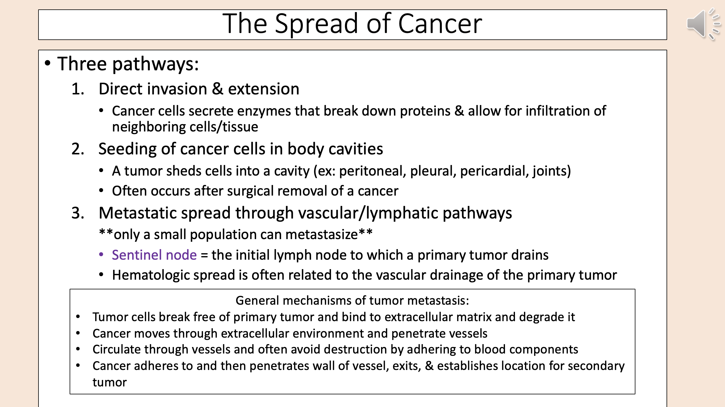 <p><span>metastatic spread through vascular lymphatic pathways</span></p>