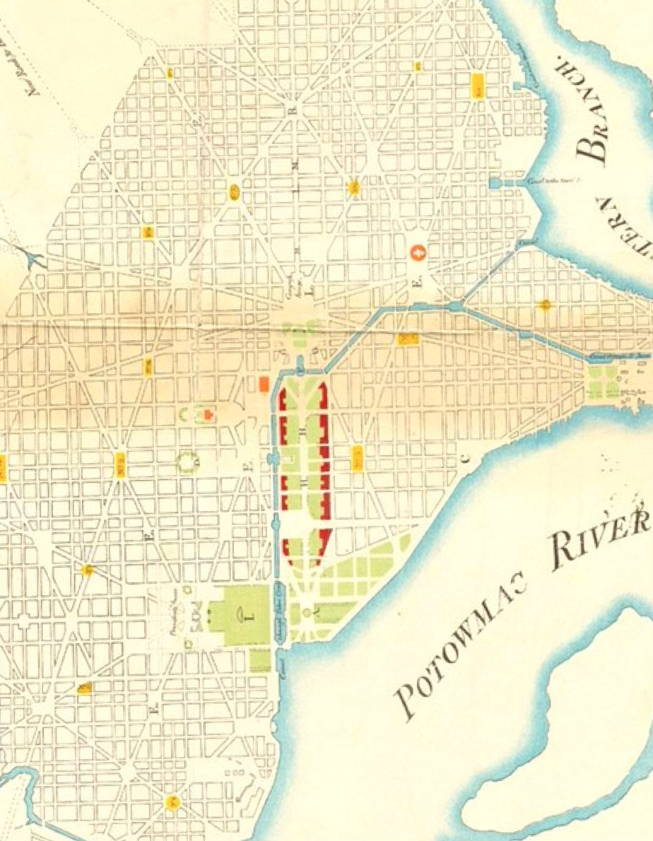 <ul><li><p><span style="background-color: transparent;">Jefferson suggests an orthogonal grid, but Washington didn’t want that</span></p></li><li><p><span style="background-color: transparent;">Uses triviums and long broad roads to connect monuments and major buildings (Baroque planning)</span></p><ul><li><p><span style="background-color: transparent;">Capital building was on the highest point of land and was considered the most important building</span></p></li></ul></li></ul><p></p>