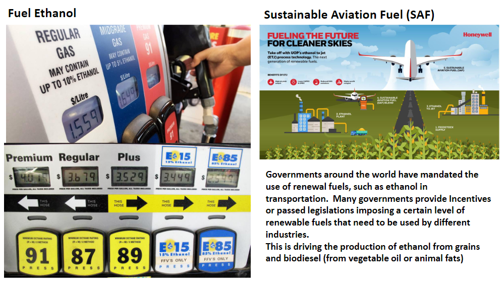 <p><strong>Renewable Fuels</strong><br> • Governments around the world have mandated the use of <strong>renewable fuels</strong> → fuels made from renewable sources<br> • Examples → <strong>ethanol</strong> in transportation and <strong>SAF (Sustainable Aviation Fuel)</strong><br> • Governments may provide <strong>incentives</strong> or pass <strong>legislation</strong> requiring a certain level of renewable fuels to be used by different industries</p><p><strong>Production</strong><br> • These policies are driving production of <strong>ethanol from grains</strong><br> • <strong>Biodiesel</strong> → produced from <strong>vegetable oil or animal fats</strong></p>
