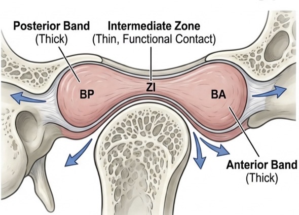 <p>Dense fibrous ct</p><p>Intermediate zone is its thinnest points, functional contact between condyle and eminence </p><p>Has self centring mechanism- inter articular pressure aligns the thin zone with condyle</p><p>Thick posterior band prevents displacement </p>