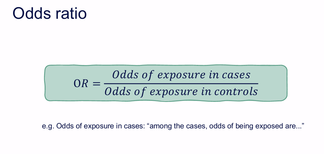 <p>OR = odds of exposure in cases / odds of exposure in controls.</p><p>Interpretive wording:</p><p>"Among the cases, the odds of being exposed are ... relative to the controls."</p>