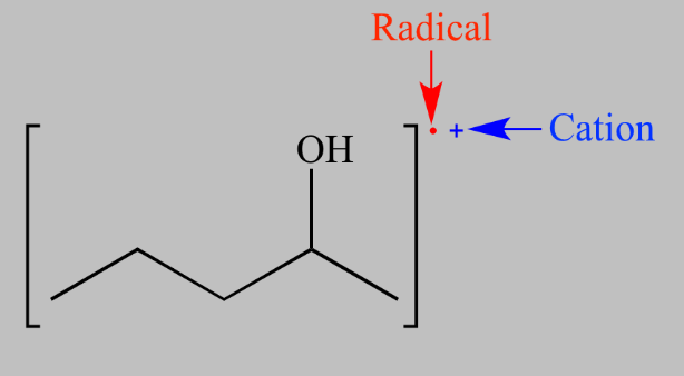 <p>the molecule with a lost electron now has a positive charge and one unpaired electron, this is called a molecular ion, or, a cation radical</p>