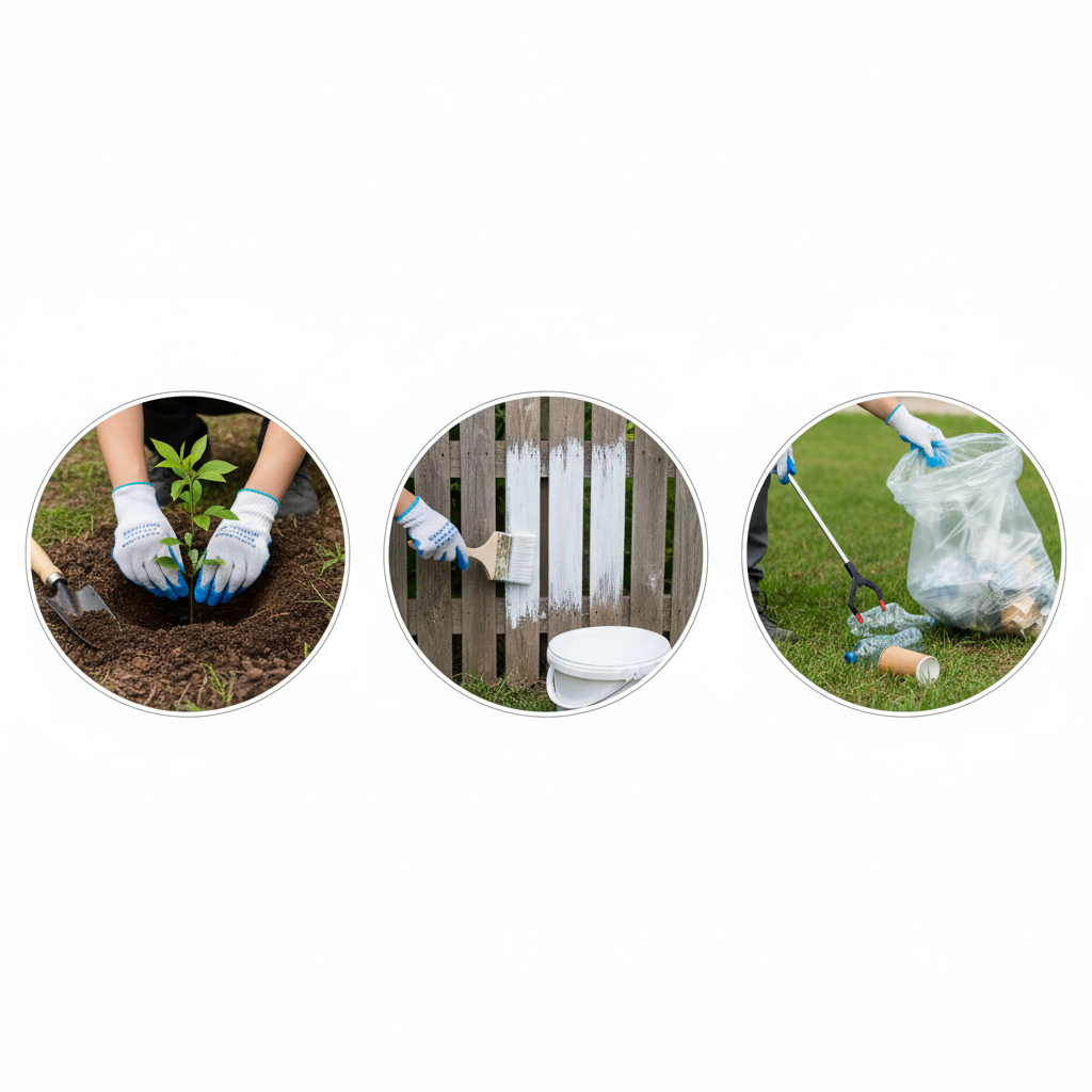 <p>Activities like planting trees or cleaning areas to improve the community.</p>